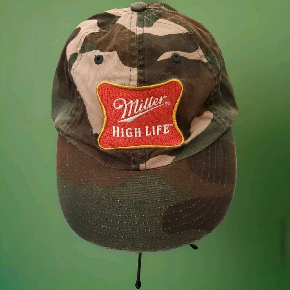 Miller High Life Baseball Cap Camo Hat Hunting Embroidered Red Logo Buckle Back
